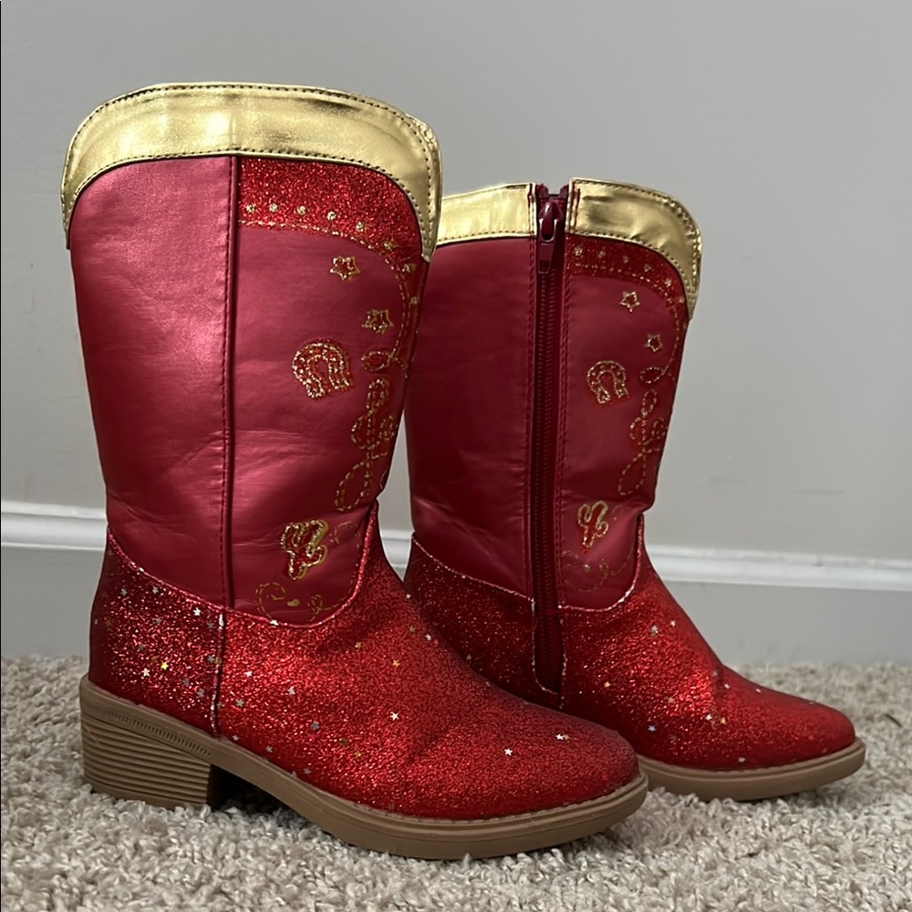 Kids Glittery Red and Gold Boots